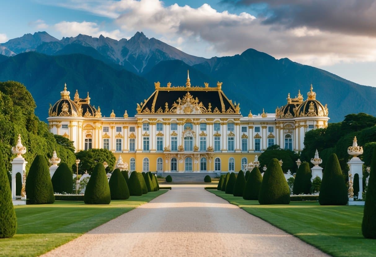 Um grande palácio com decorações opulentas, cercado por jardins exuberantes e majestosas montanhas ao fundo