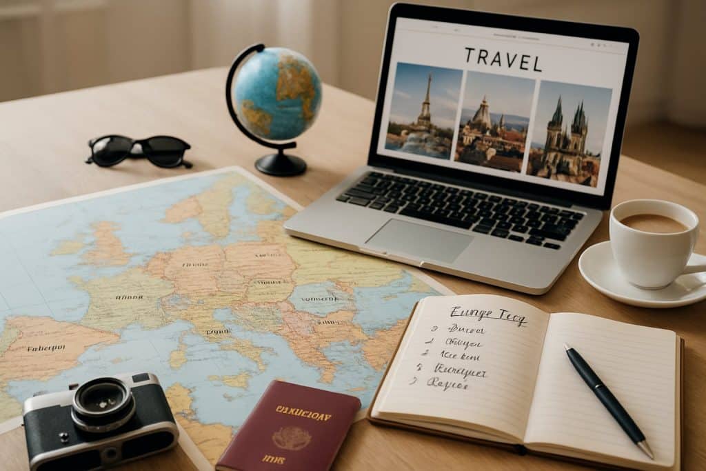Mesa organizada com mapa da Europa, caderno de anotações, laptop, passaporte e objetos de viagem para planejar um roteiro.