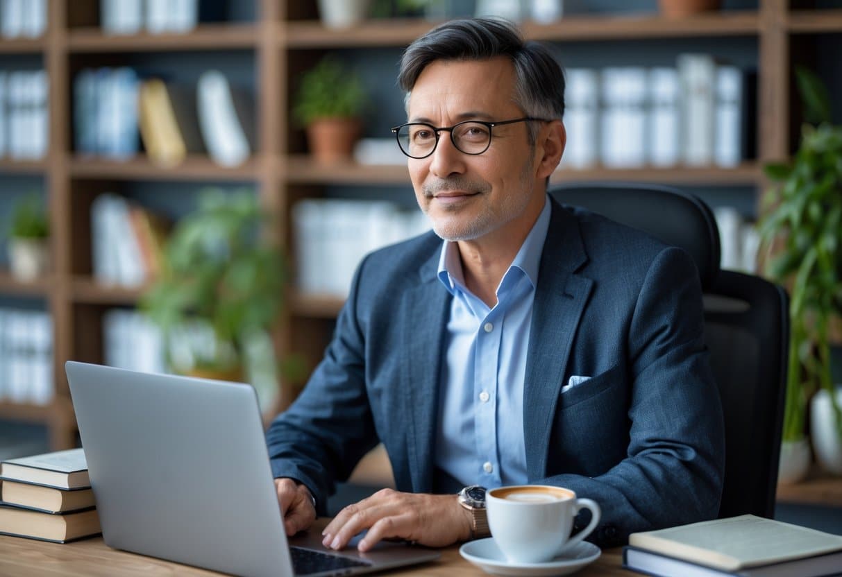 Homem de meia-idade sentado em um escritório moderno, com expressão pensativa, usando óculos e roupa social casual, cercado por livros e plantas.