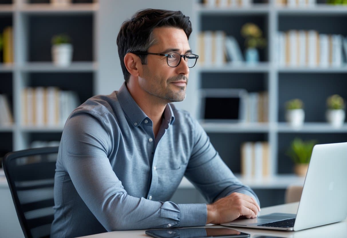 Homem pensativo sentado em uma mesa moderna em um escritório com estantes de livros e dispositivos digitais ao fundo.