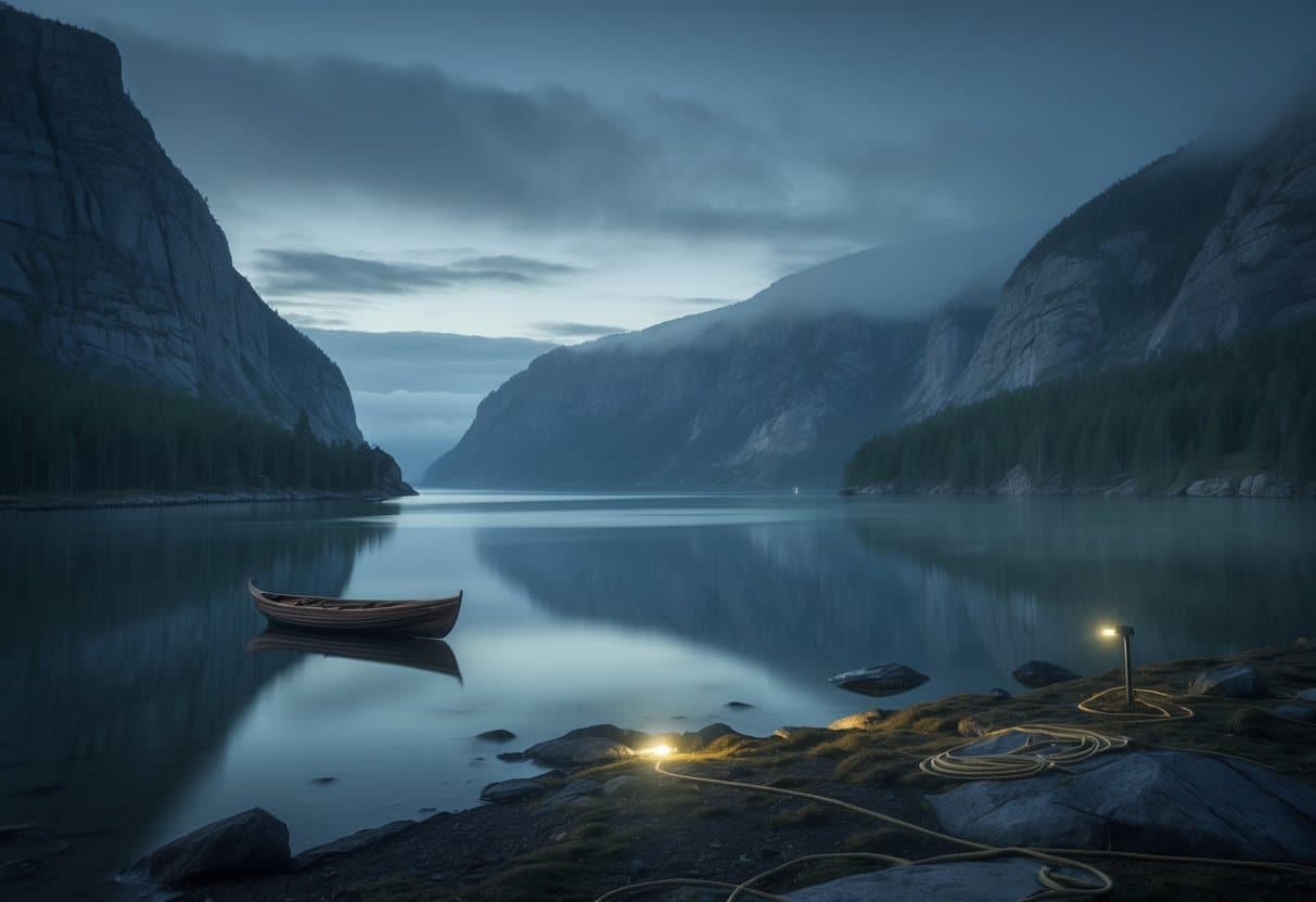 Paisagem de fiorde na Noruega ao entardecer com um barco de madeira perto da margem e equipamentos de busca no chão rochoso.