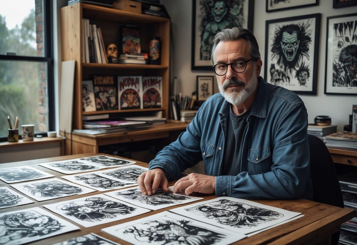 Homem desenhando ilustrações de zumbis e monstros em uma mesa de desenho em um estúdio com livros e quadros de horror nas paredes.