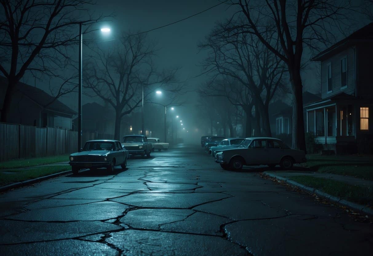 Rua residencial escura e sombria à noite com carros antigos estacionados, árvores sem folhas e uma casa velha com luzes piscando nas janelas.