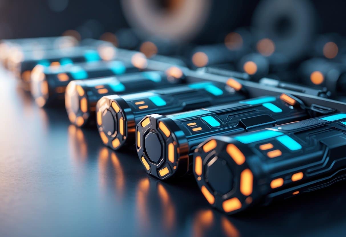 Close-up de baterias futuristas com detalhes metálicos e luzes azuis e laranjas sobre uma superfície escura.