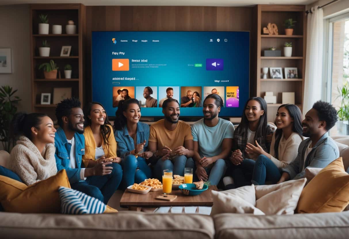 Um grupo diversificado de amigos reunidos em uma sala aconchegante assistindo a um filme em uma TV grande.
