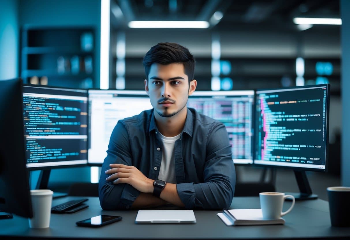 Homem jovem sentado em uma mesa moderna com vários monitores mostrando códigos digitais, em um escritório contemporâneo.