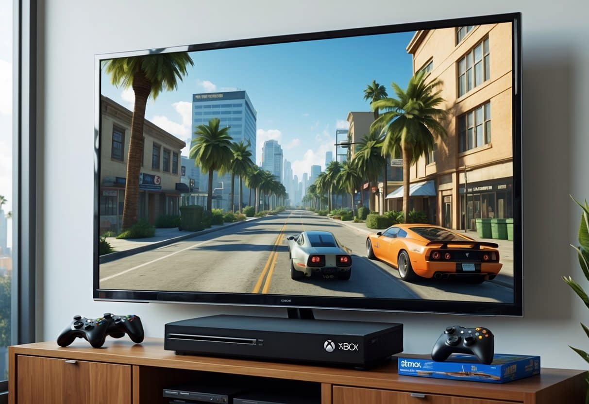 Sala de estar moderna com um console Xbox 360 conectado a uma TV grande mostrando uma cena do jogo Grand Theft Auto: San Andreas, com um controle sem fio e acessórios de videogame sobre um móvel.