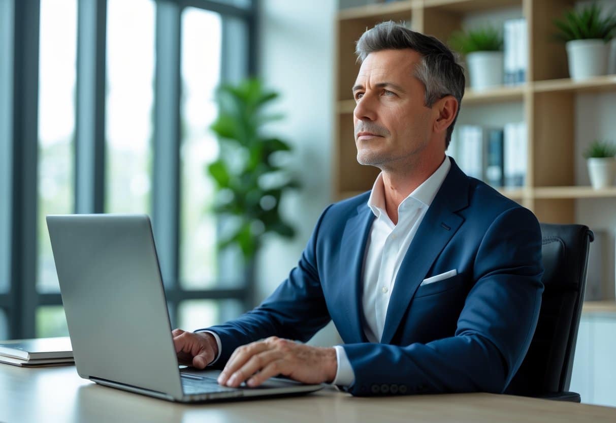 Homem de meia-idade sentado em um escritório moderno, olhando pensativo para o lado, com um laptop na frente.