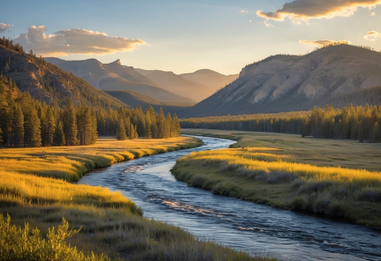 Rio sinuoso passando por um vale com florestas de pinheiros e montanhas ao fundo em Yellowstone durante o pôr do sol.