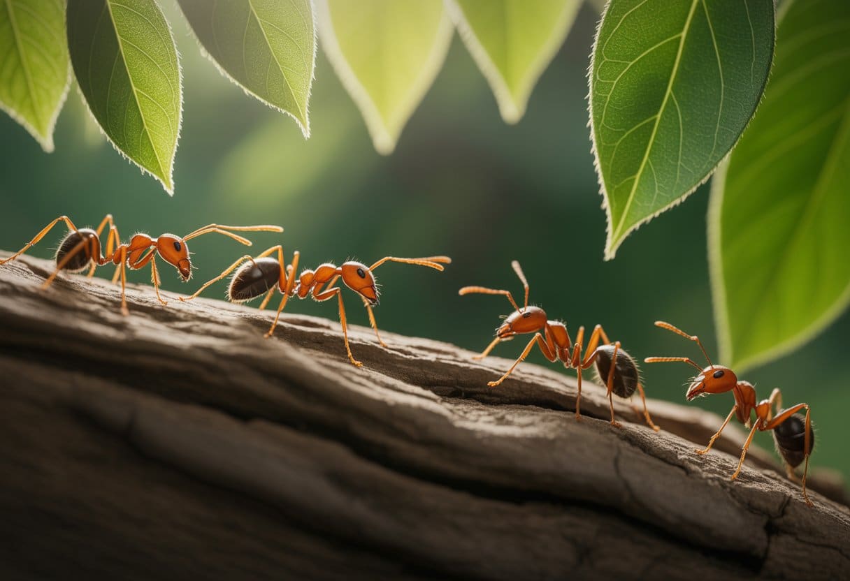 Close-up de formigas trabalhando juntas em um ambiente natural com luz suave e folhas verdes ao fundo.