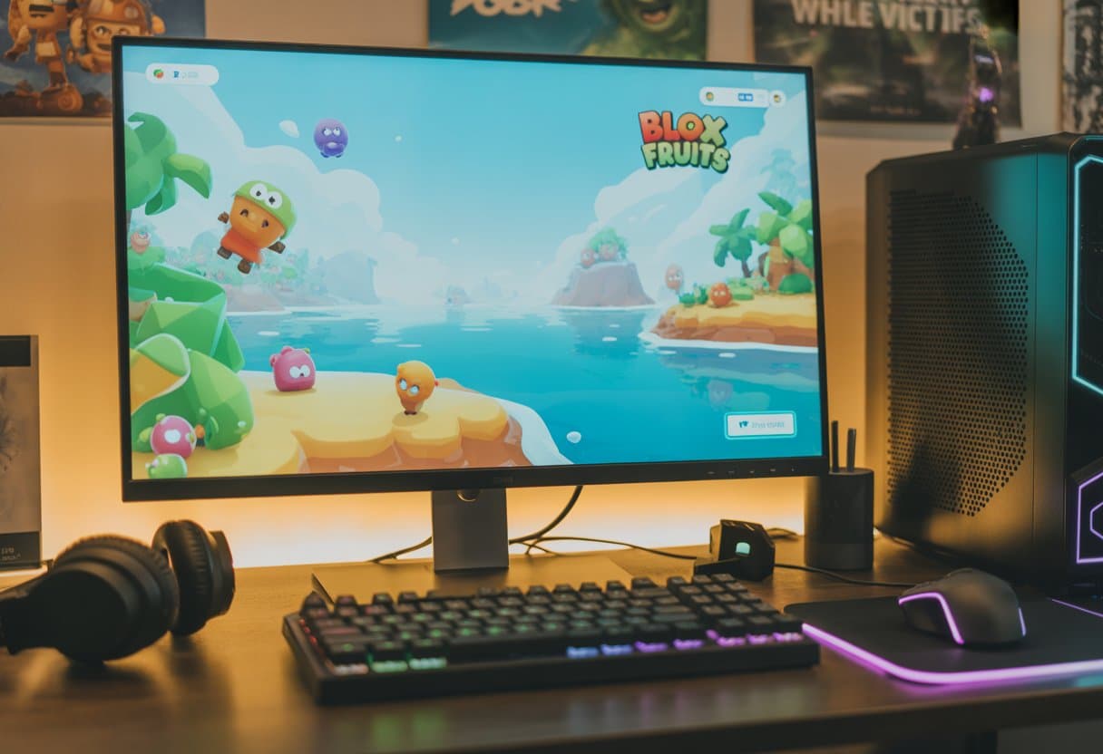 Setup moderno de jogos com computador exibindo personagens e paisagens tropicais do jogo Blox Fruits, com acessórios de jogos ao redor.