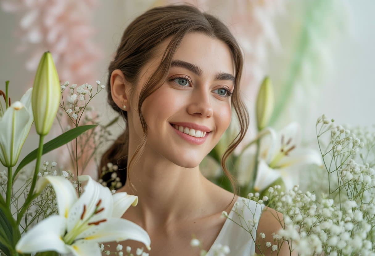 Mulher jovem e serena sorrindo suavemente, cercada por flores brancas e folhagens delicadas em um fundo desfocado com tons pastéis.