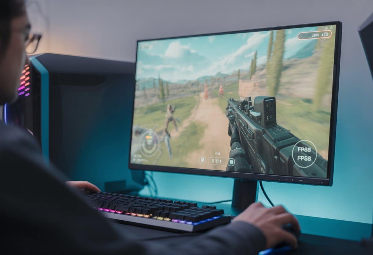 Setup de computador para jogos com monitor mostrando uma cena de jogo em primeira pessoa e estatísticas de desempenho visíveis no canto da tela.