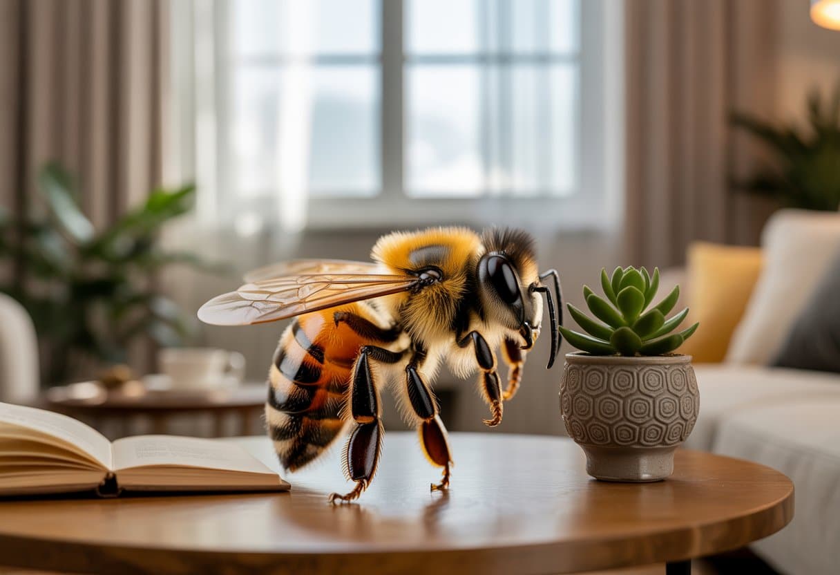 Uma abelha pousada em uma mesa de madeira dentro de uma sala de estar iluminada por luz natural.