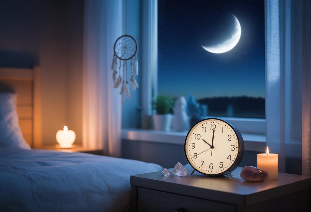 Quarto tranquilo à noite com relógio marcando 3 horas da manhã, vela acesa, cristais e um filtro dos sonhos na janela, sob um céu estrelado com lua crescente.