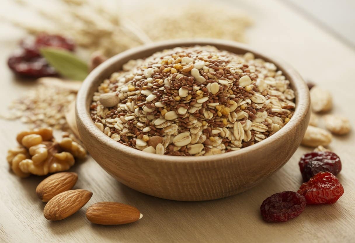 Tigela rústica com mix de grãos variados para emagrecer, incluindo quinoa, chia, linhaça, painço e aveia, sobre uma superfície de madeira clara.