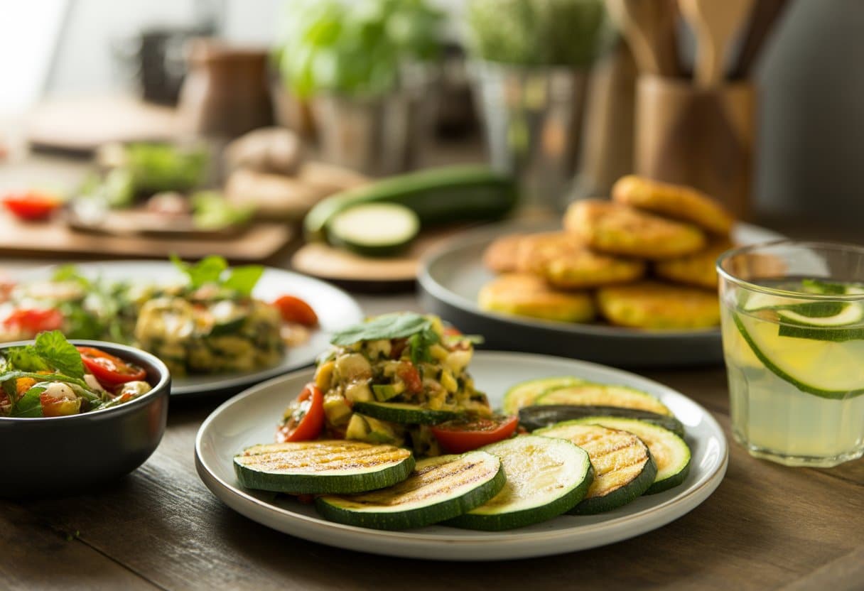 Mesa com pratos variados de alimentos feitos com abobrinha, incluindo salada, fritters e limonada, em ambiente de cozinha.