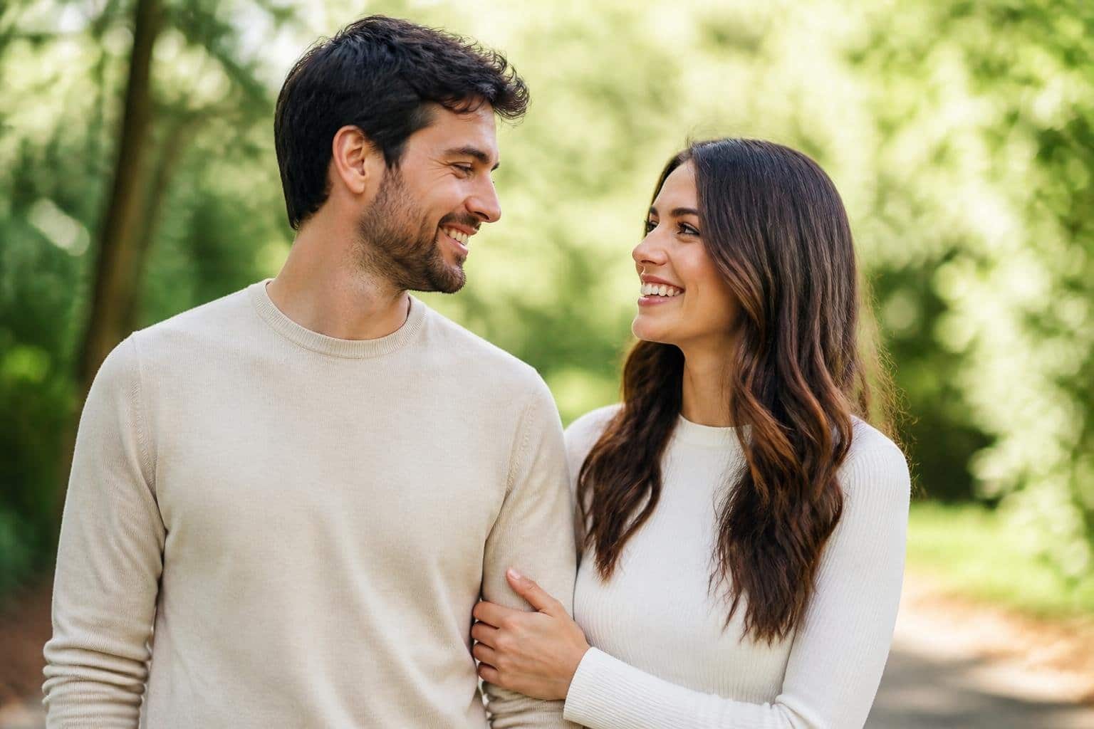 Um casal jovem sorrindo e abraçado em um parque ao ar livre durante o dia.
