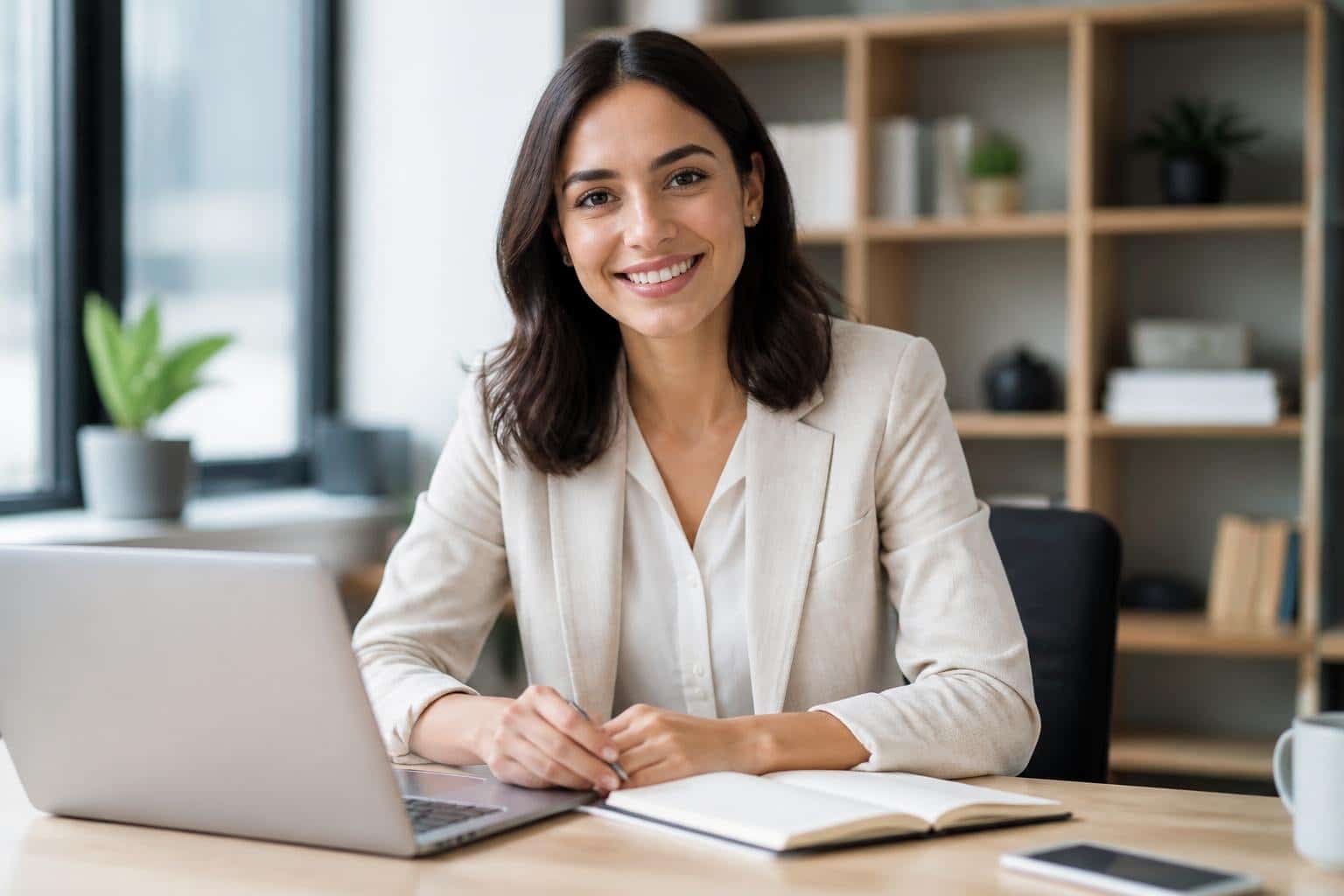 Mulher jovem e confiante sentada em uma mesa de escritório moderna, sorrindo e olhando para a câmera, com laptop e caderno ao redor.