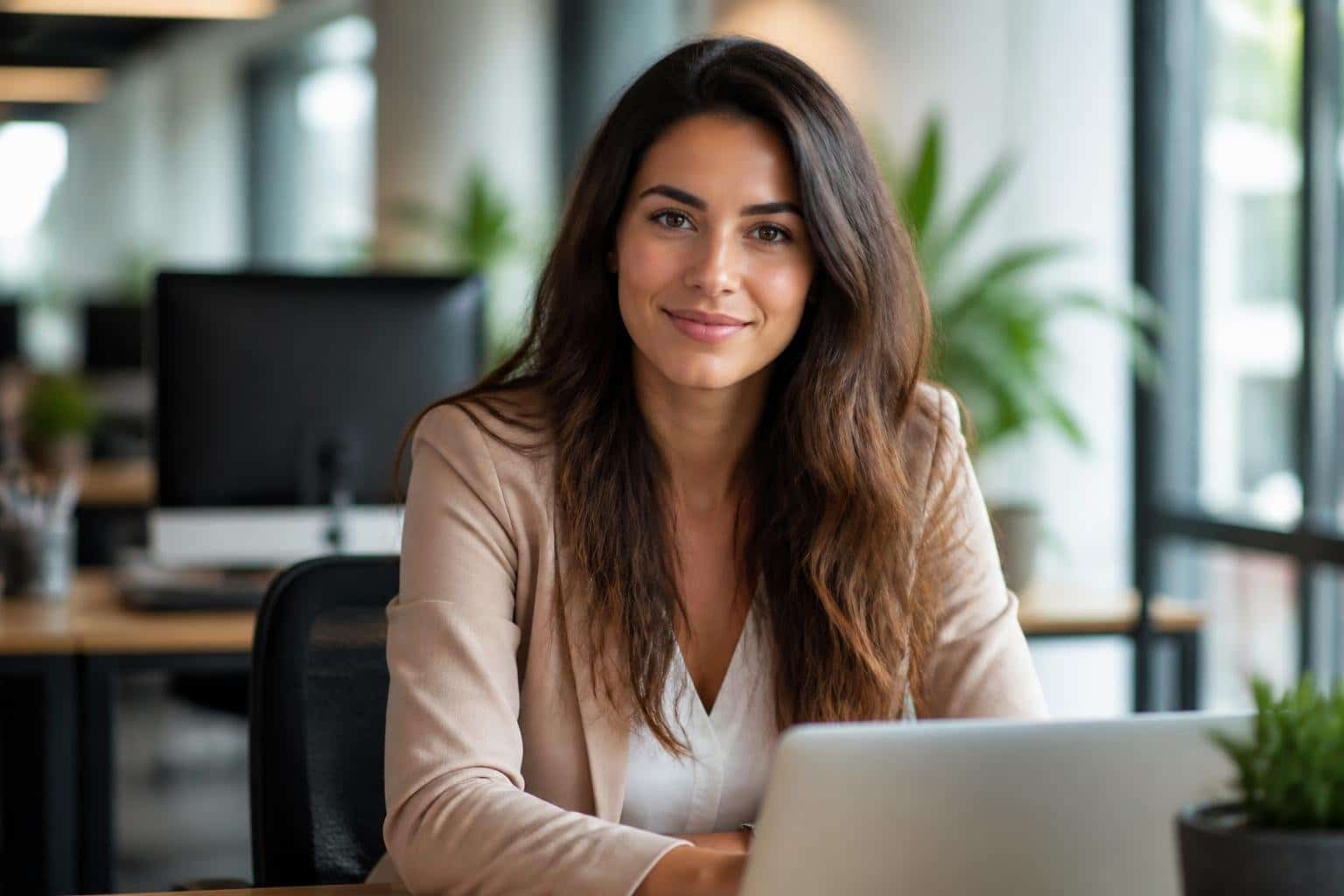 Jovem mulher sentada em um escritório moderno, com expressão confiante e ambiente de trabalho ao fundo.