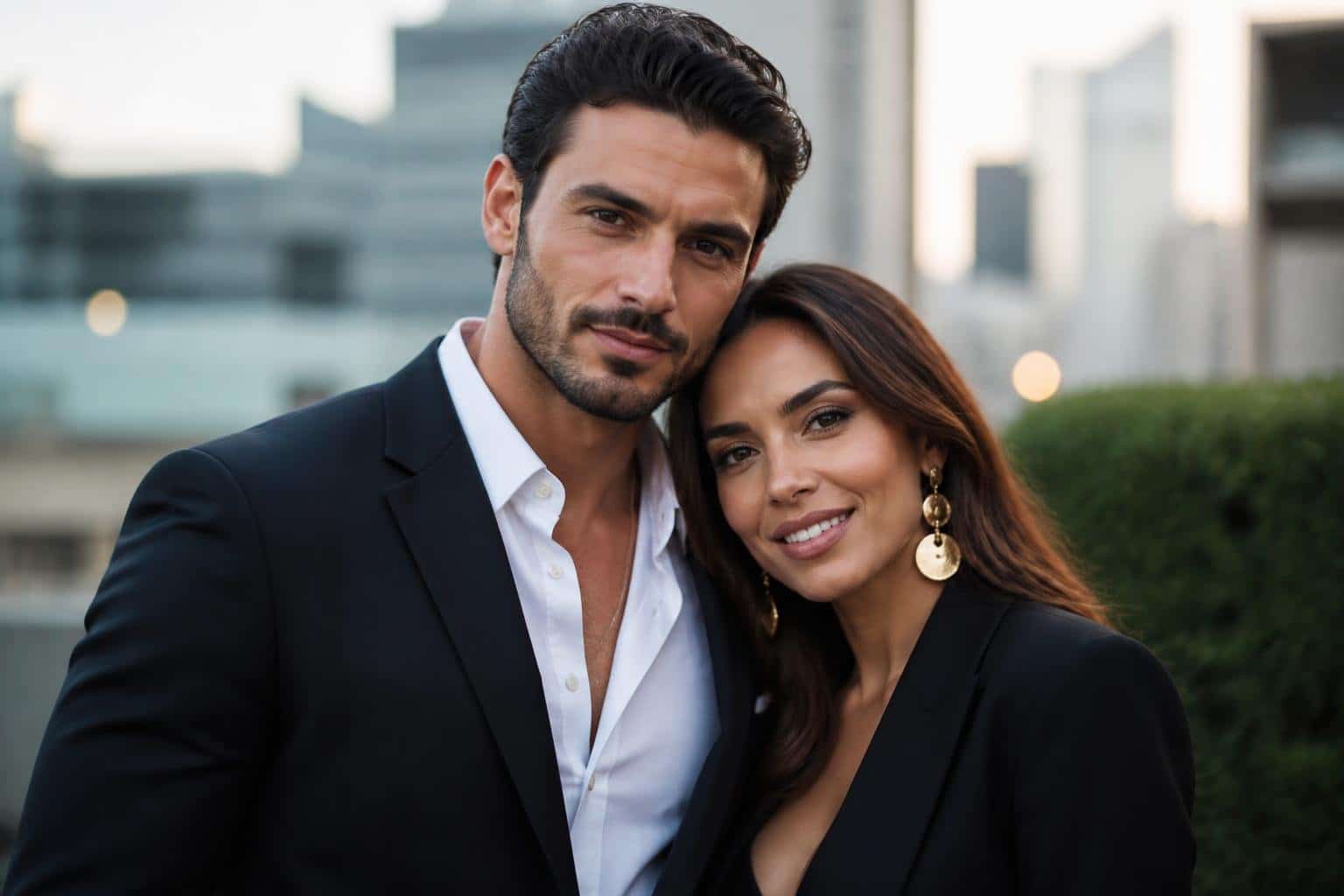 Michele Morrone e Anitta juntos em um ambiente urbano moderno, sorrindo e posando para a foto.