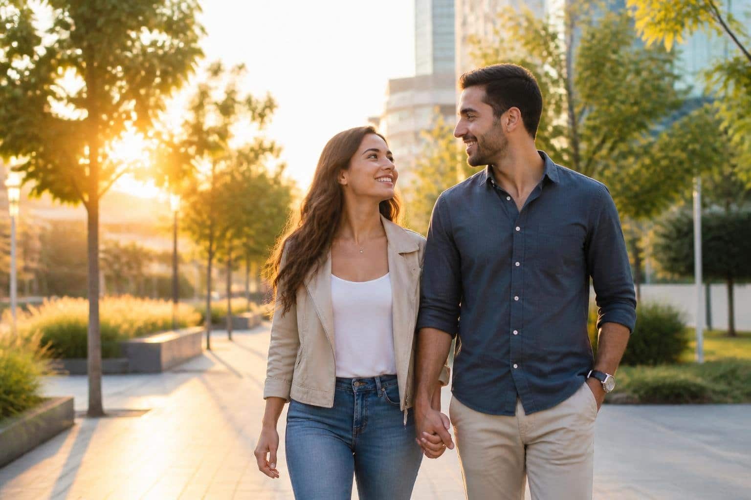 Um casal jovem caminhando de mãos dadas em um parque urbano com árvores e prédios ao fundo.