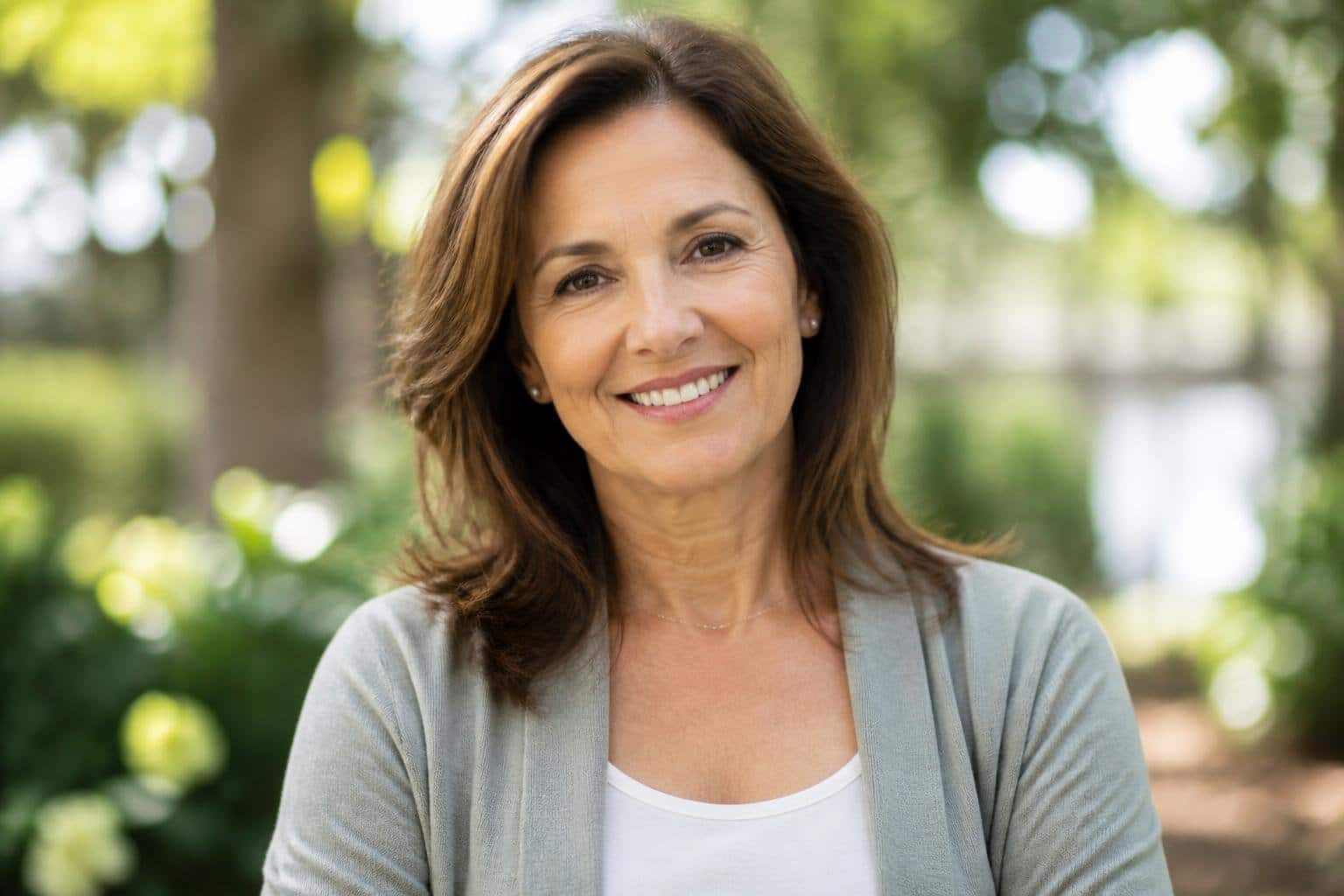 Mulher de meia-idade sorrindo gentilmente em um ambiente ao ar livre com vegetação ao fundo.
