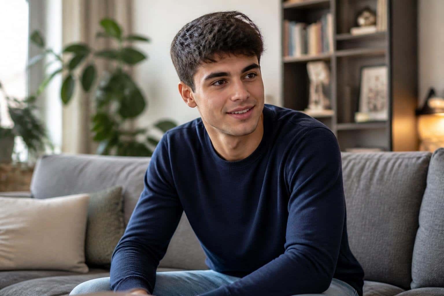 Jovem sentado confortavelmente em um sofá em uma sala de estar bem iluminada, com expressão amigável e ambiente aconchegante ao fundo.