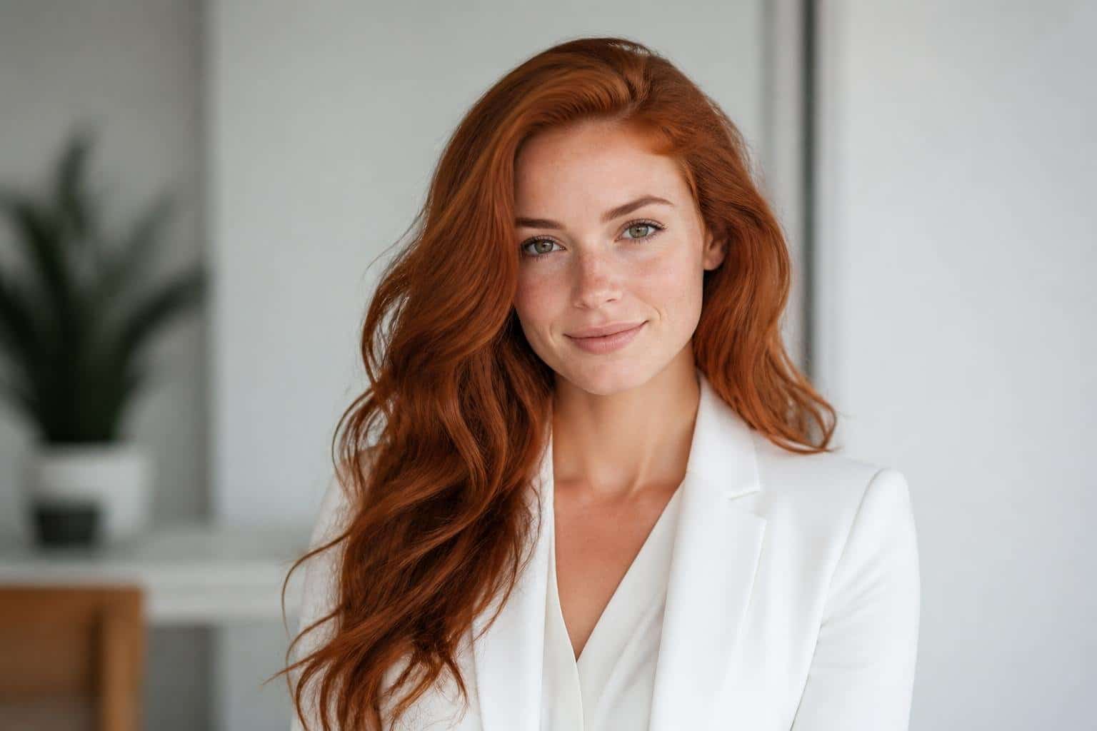 Uma jovem mulher ruiva posando confiante em um estúdio moderno com fundo neutro.