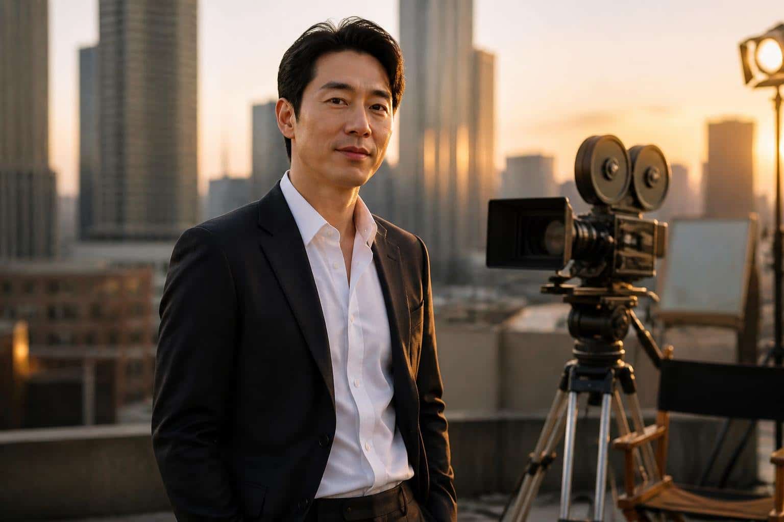 Homem elegante em terno escuro em um cenário urbano moderno ao pôr do sol, com equipamentos de filmagem ao fundo.