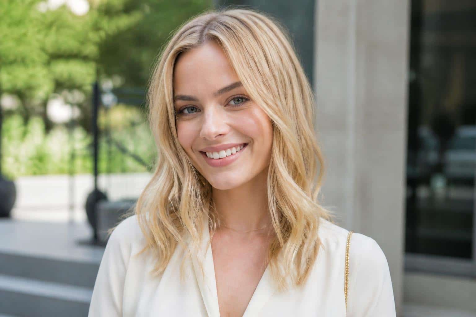 Mulher jovem loira sorrindo ao ar livre com fundo desfocado de plantas e ambiente urbano.