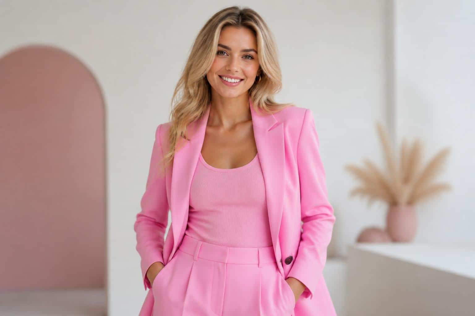 Mulher jovem e confiante vestindo roupa rosa, posando com sorriso amigável em estúdio claro e minimalista.